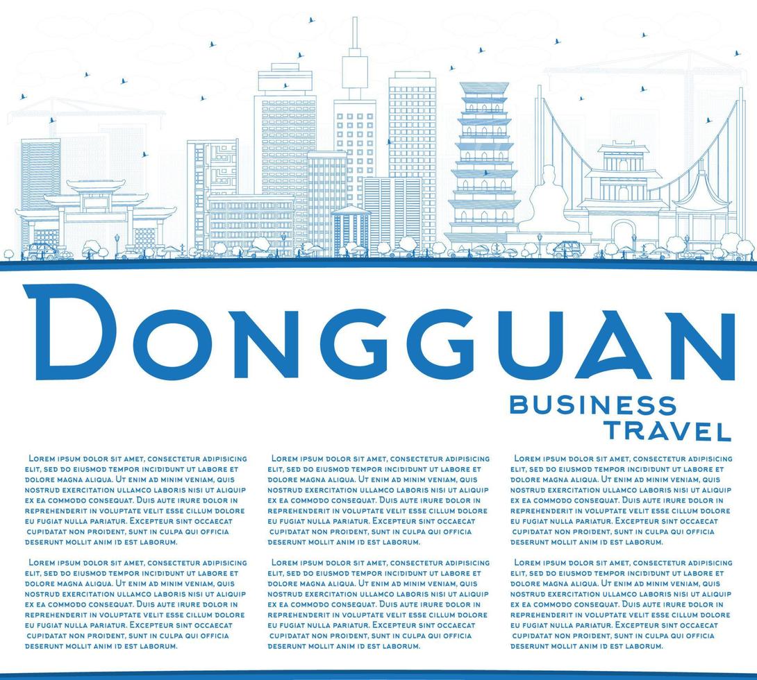 Outline Dongguan Skyline with Blue Buildings and Copy Space. vector