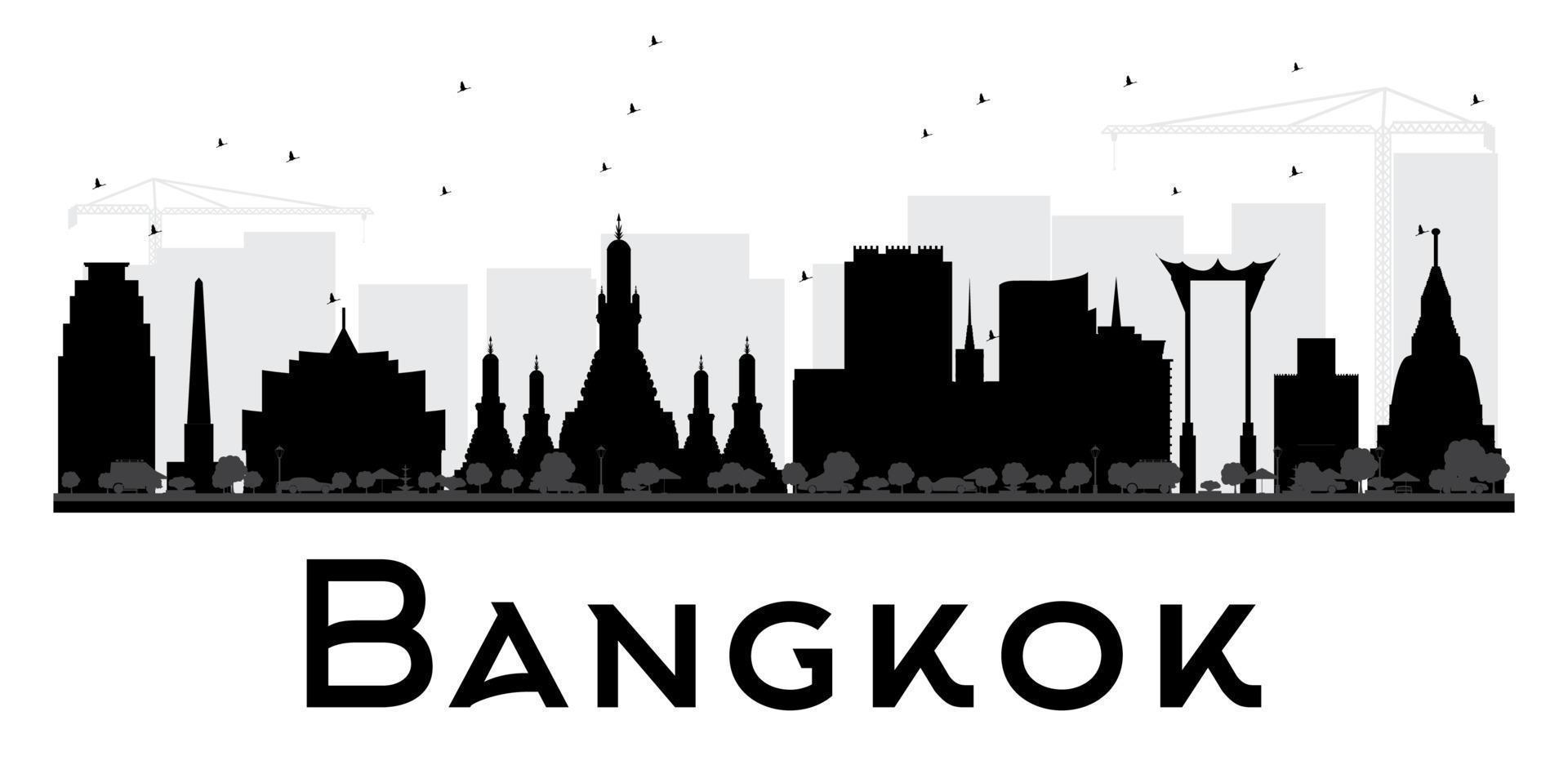 Silueta en blanco y negro del horizonte de la ciudad de Bangkok. vector