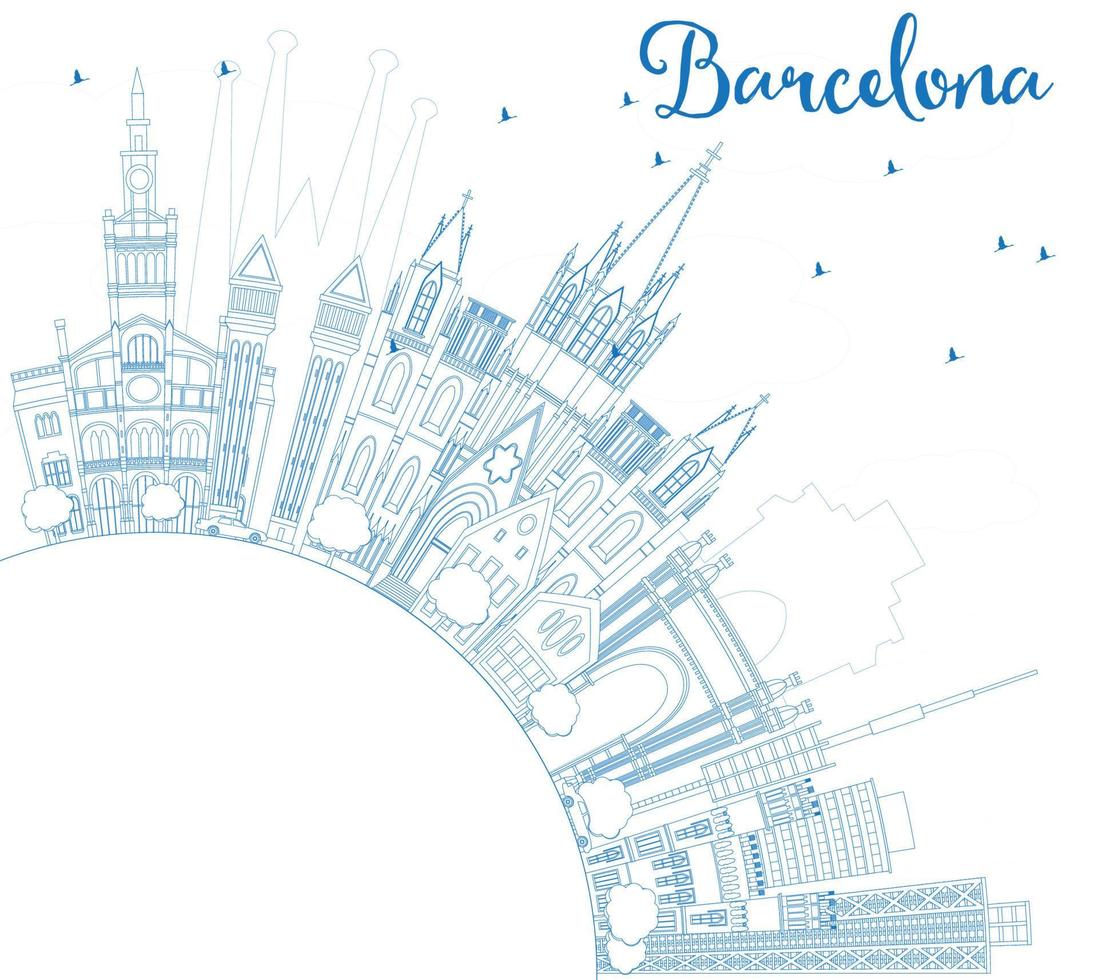 Outline Barcelona Skyline with Blue Buildings and Copy Space. vector