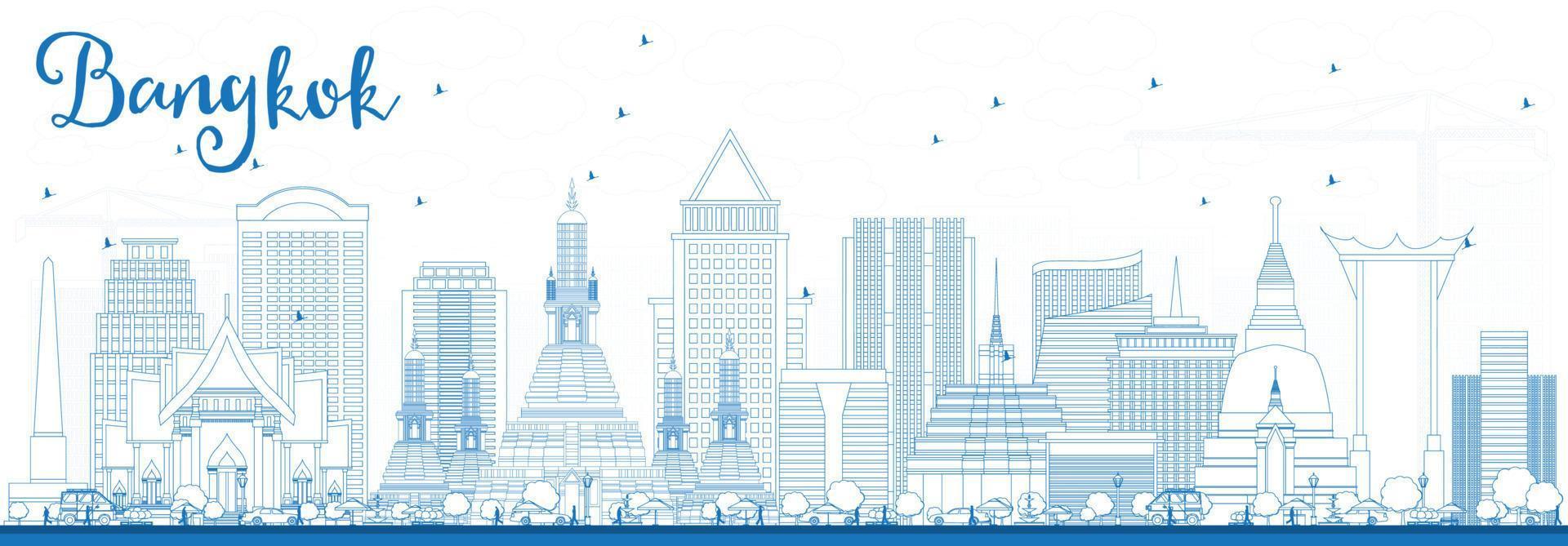Outline Bangkok Skyline with Blue Landmarks. vector
