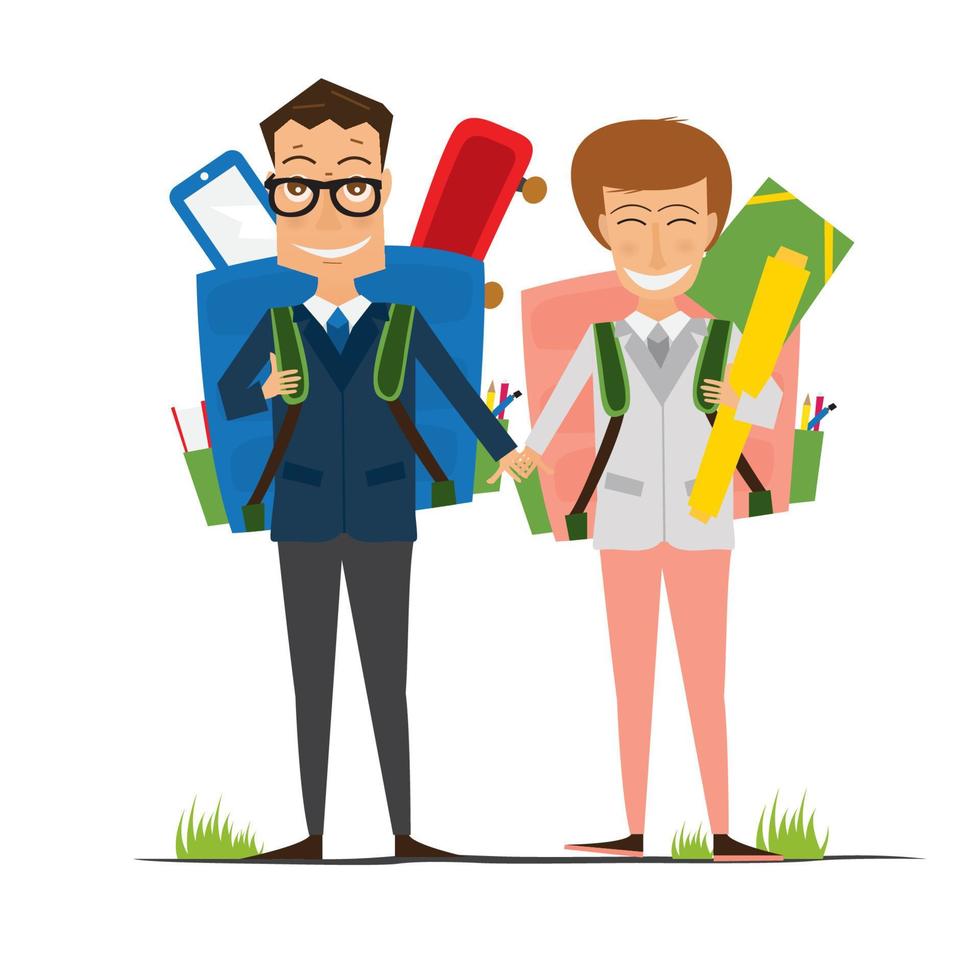 Smiling Young School Girl and Boy in Uniform with Backpack. vector