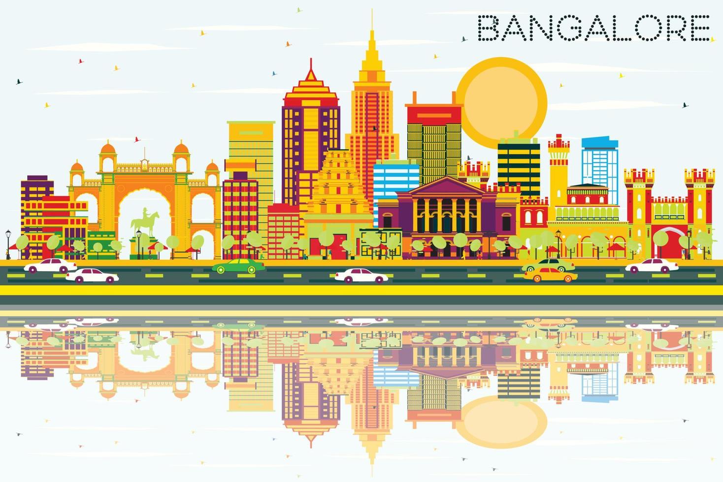 horizonte de bangalore con edificios de color, cielo azul y reflejos. vector