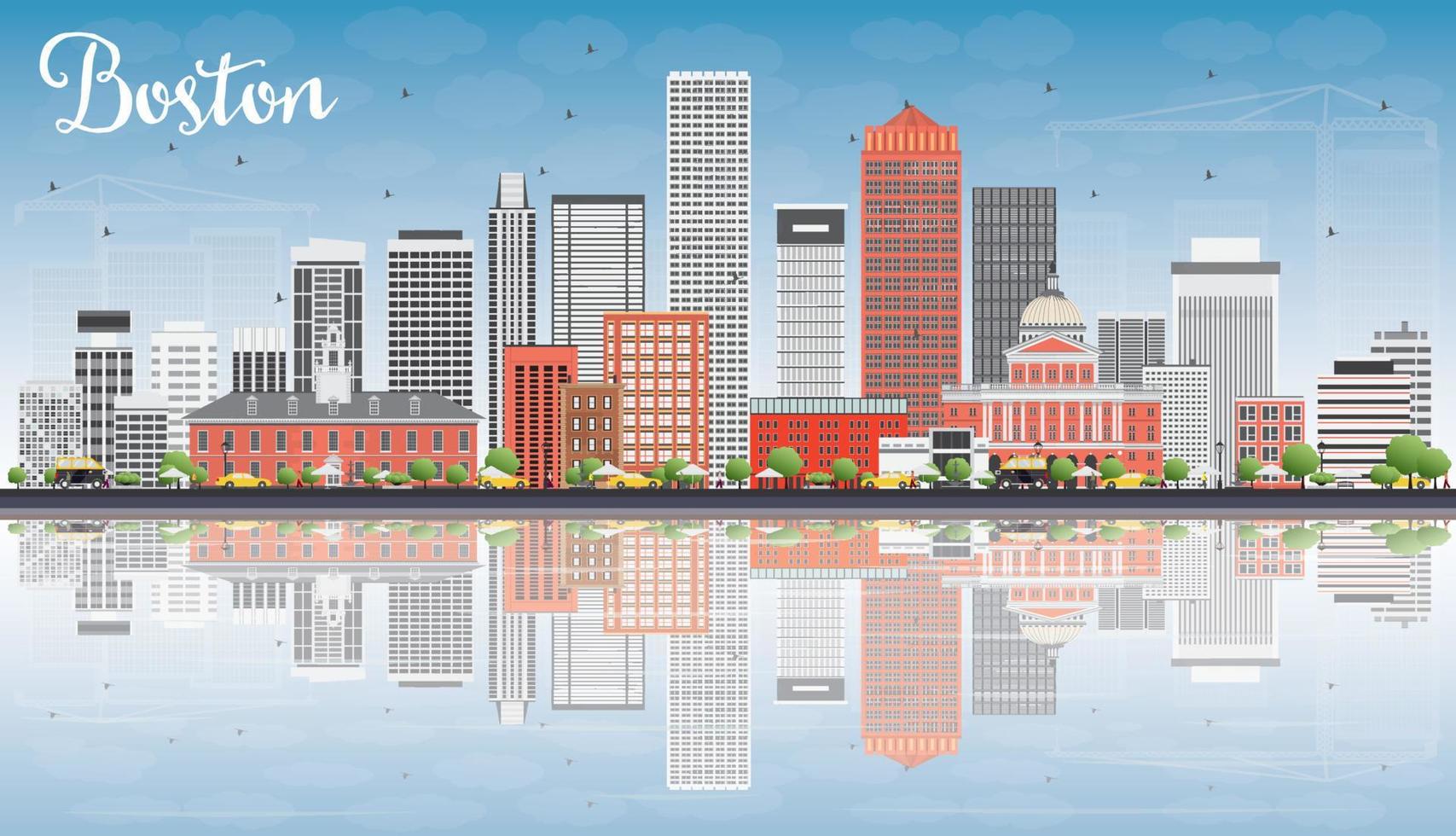 Boston Skyline with Gray, Red Buildings, Blue Sky and Reflections. vector