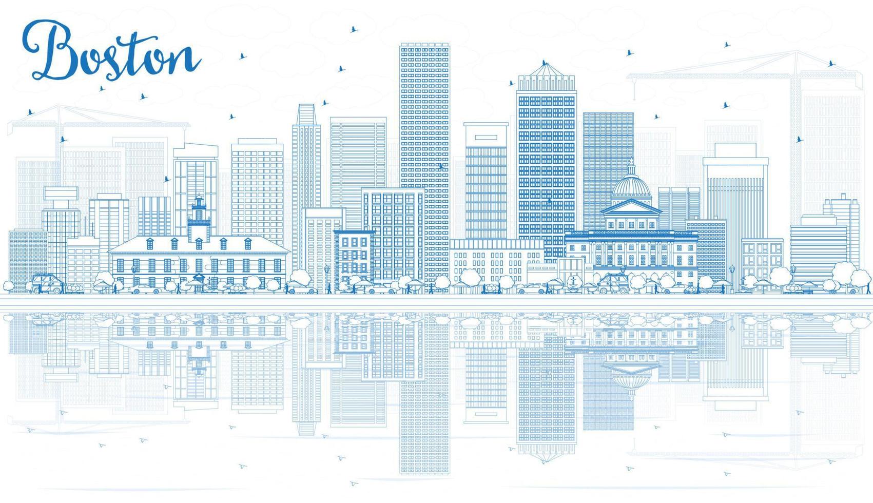 Outline Boston Skyline with Blue Buildings and Reflections. vector