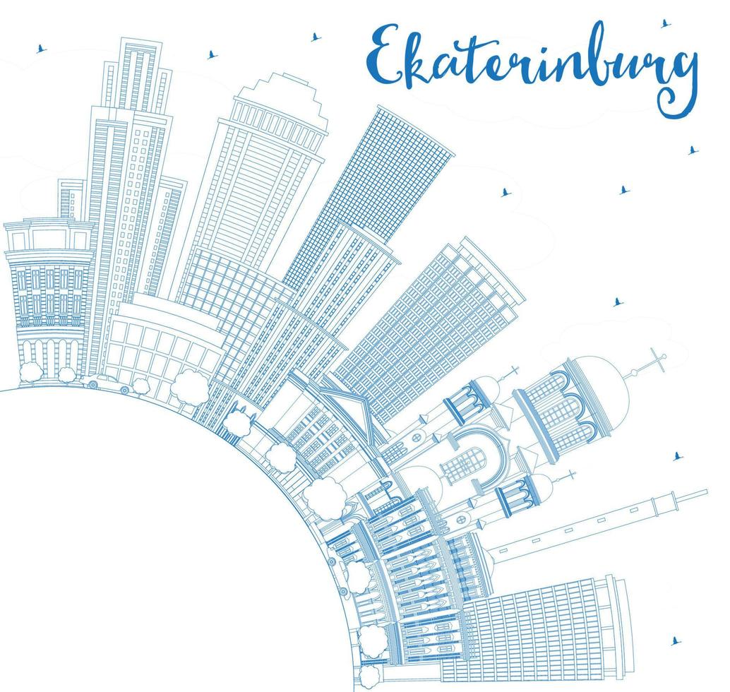esbozar el horizonte de ekaterimburgo con edificios azules y espacio de copia. vector