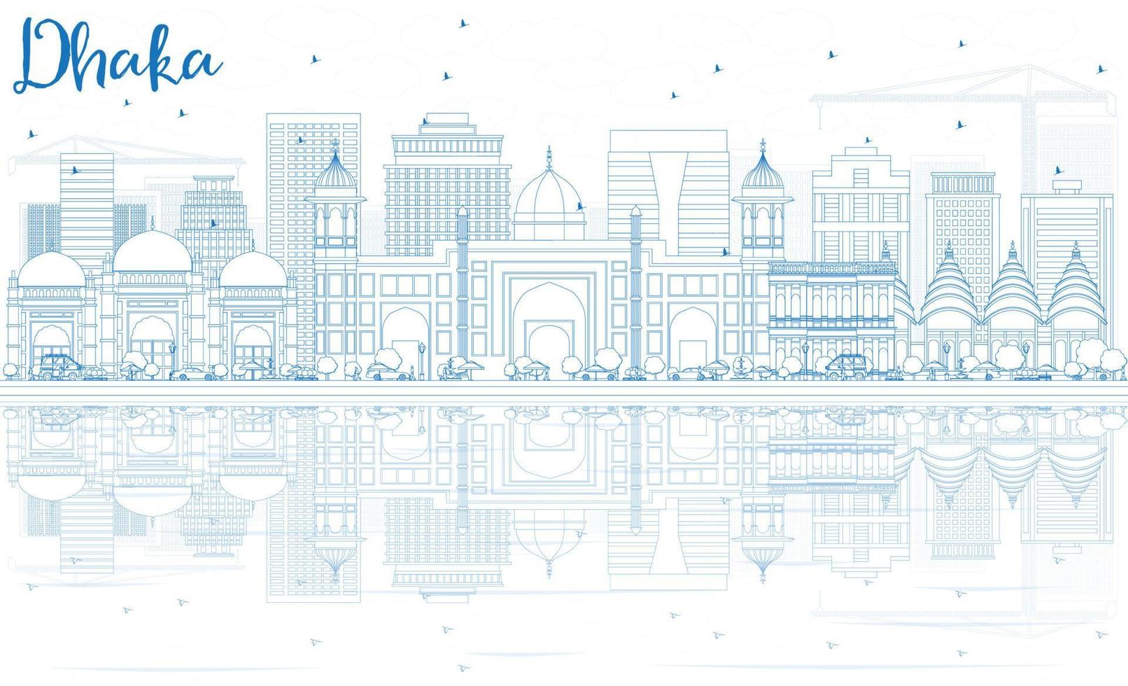 Outline Dhaka Skyline with Blue Buildings and Reflections. vector