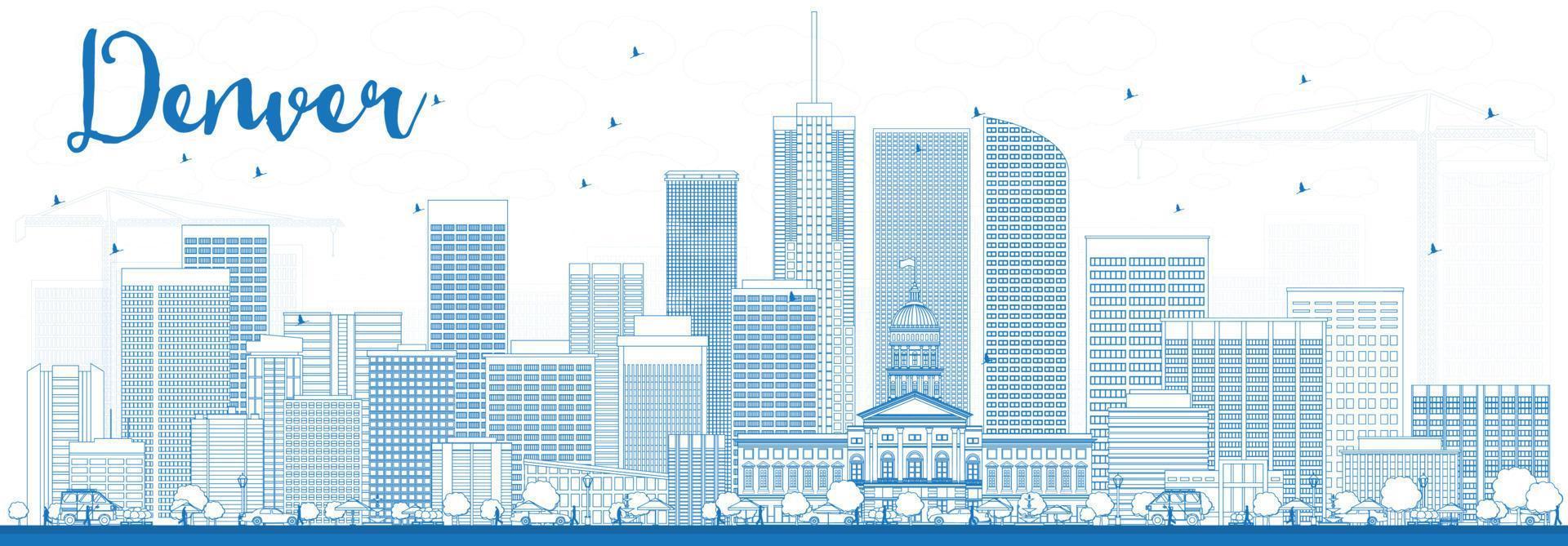 Outline Denver Skyline with Blue Buildings. vector