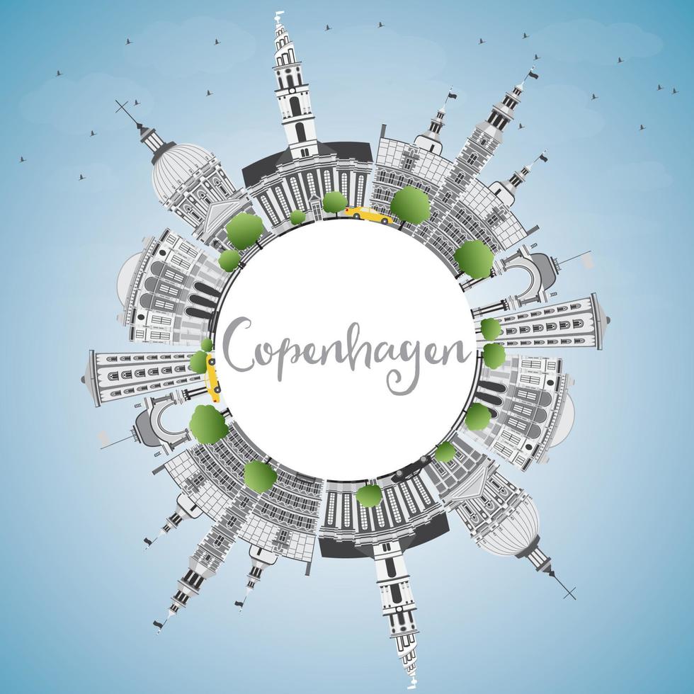 Copenhagen Skyline with Gray Landmarks, Blue Sky and Copy Space. vector