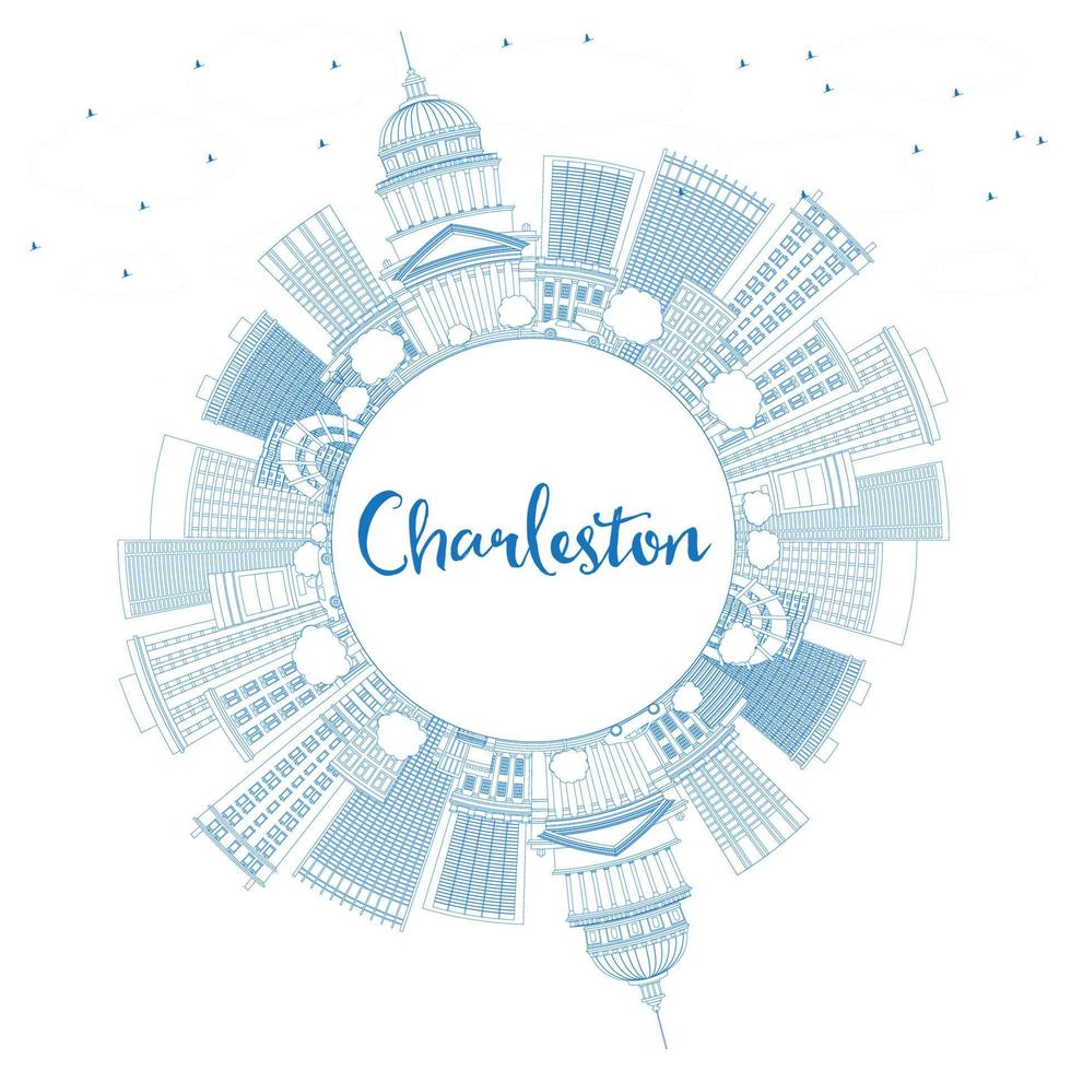 Outline Charleston Skyline with Blue Buildings and Copy Space. vector