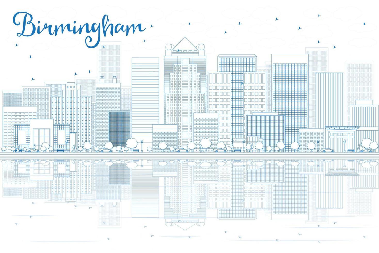 Outline Birmingham skyline with blue buildings and reflections. vector
