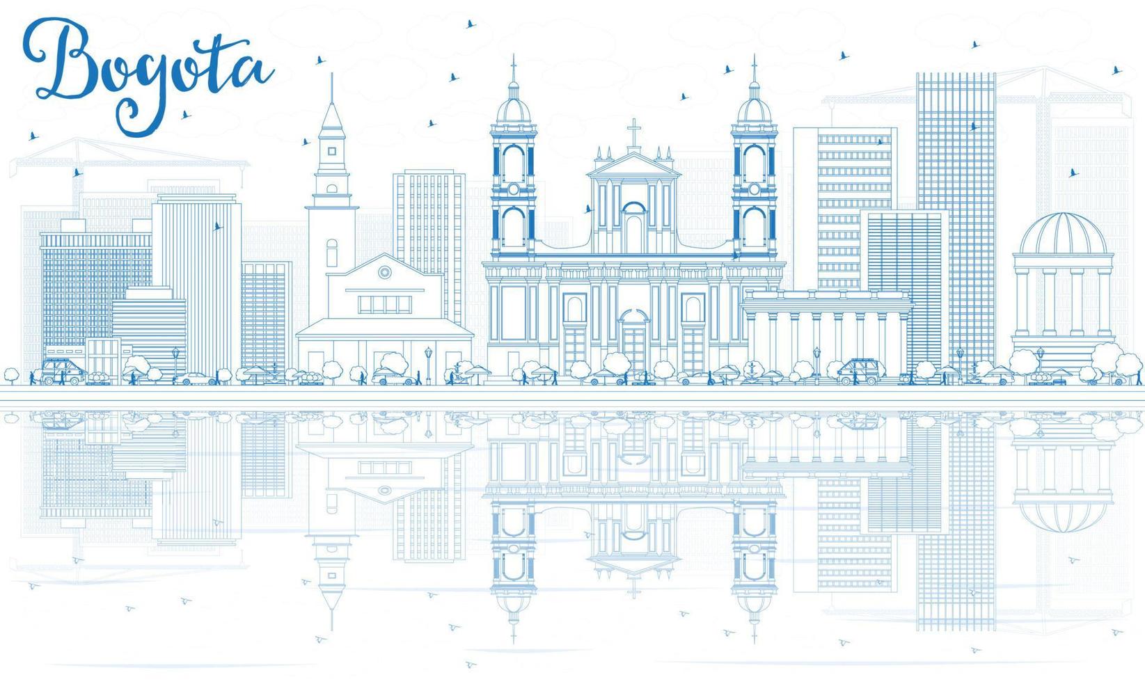 Outline Bogota Skyline with Blue Buildings and Reflections. vector