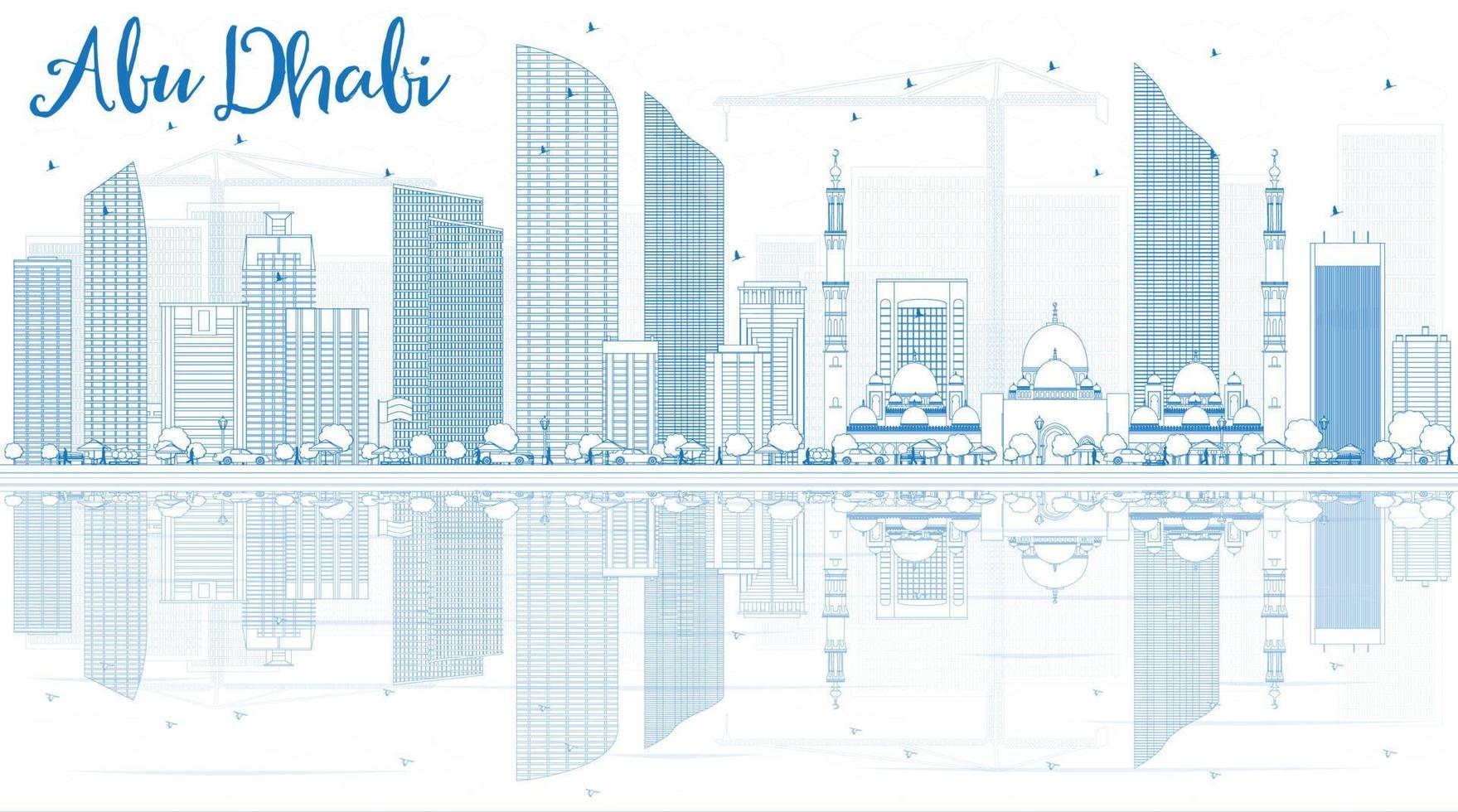 Outline Abu Dhabi City Skyline with Blue Buildings and Reflections. vector