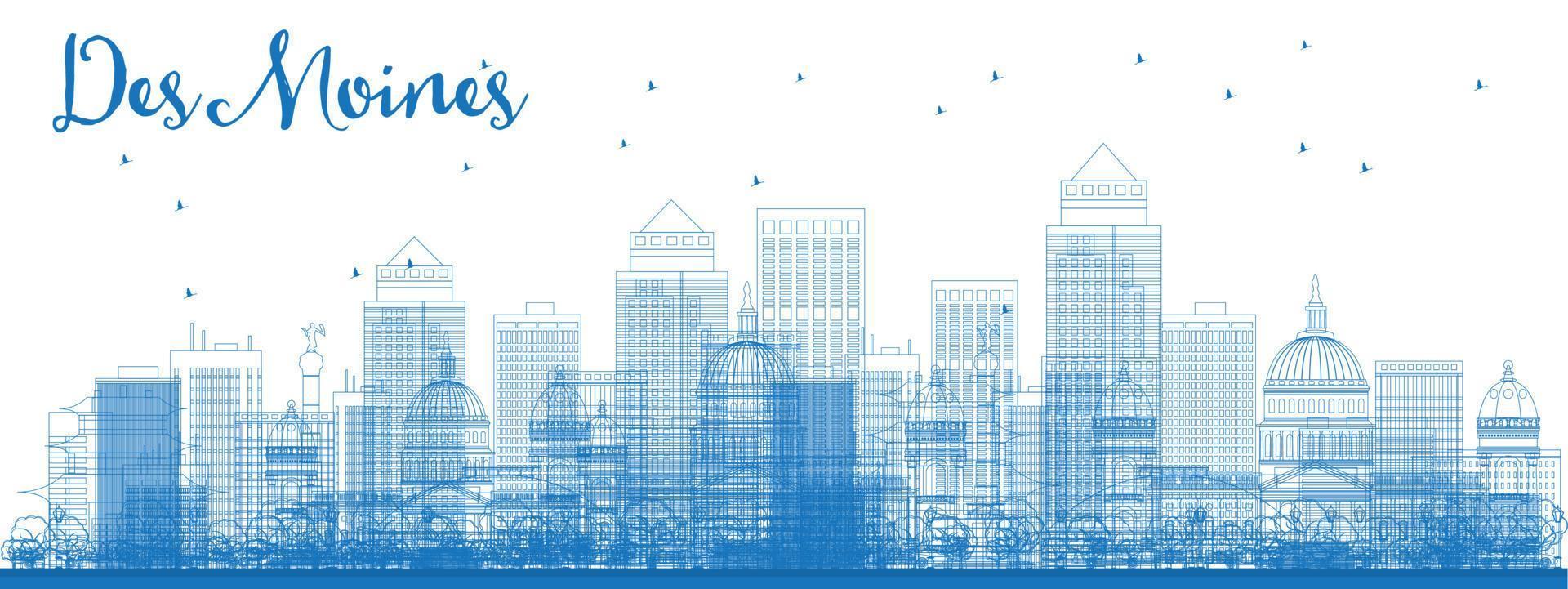 Outline Des Moines Skyline with Blue Buildings. vector