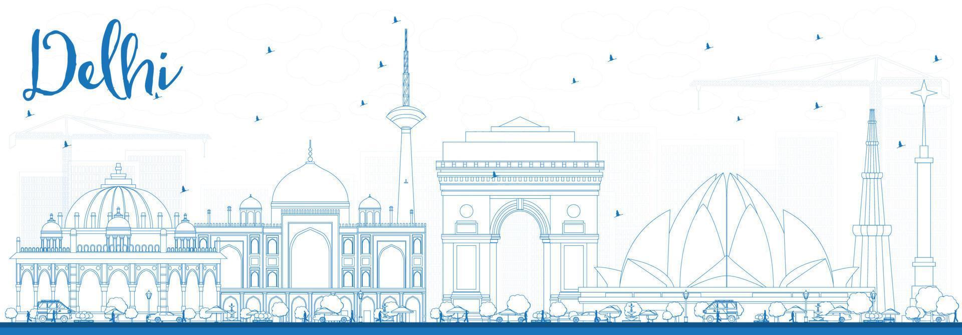 Outline Delhi Skyline with Blue Buildings. vector