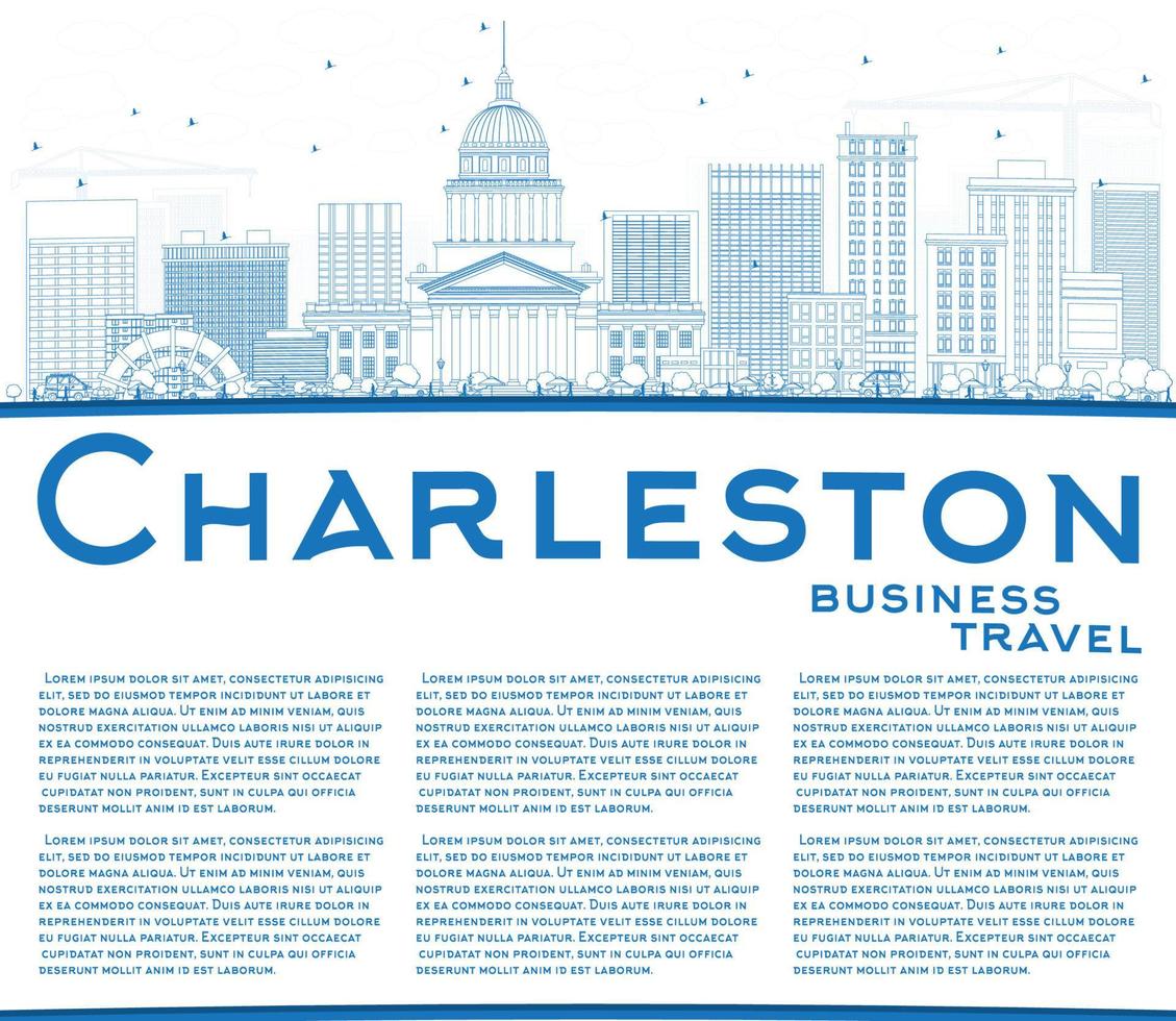 Outline Charleston Skyline with Blue Buildings and Copy Space. vector