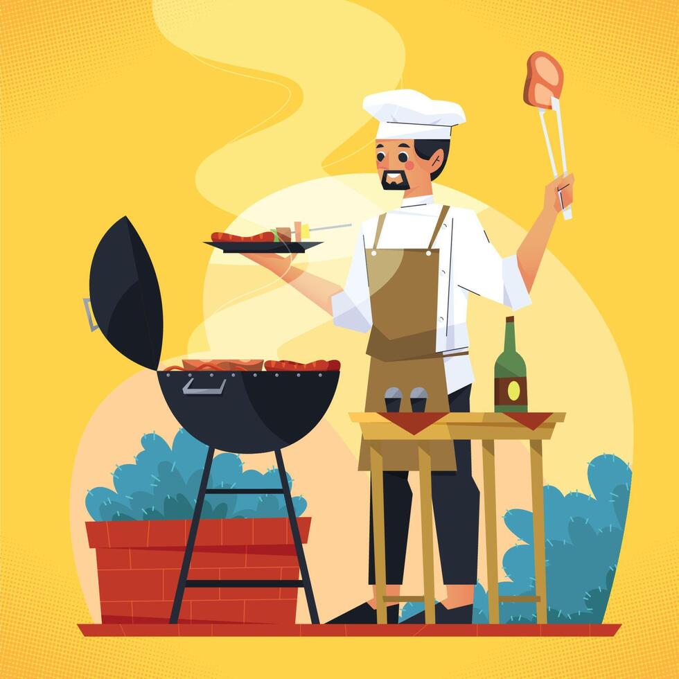 The Chef Is Grilling Sausage And Meat vector
