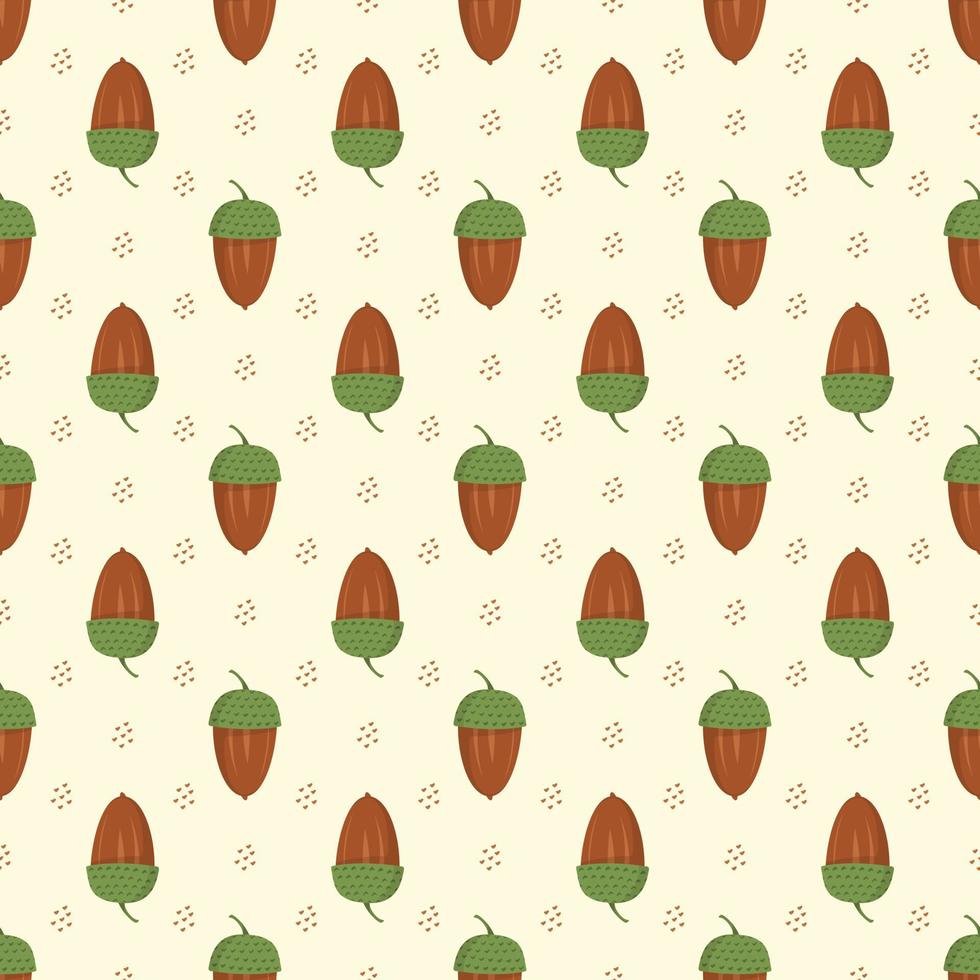Seamless autumn pattern with acorn on yellow background. Bright fall print for textile and design. Vector flat ilustration