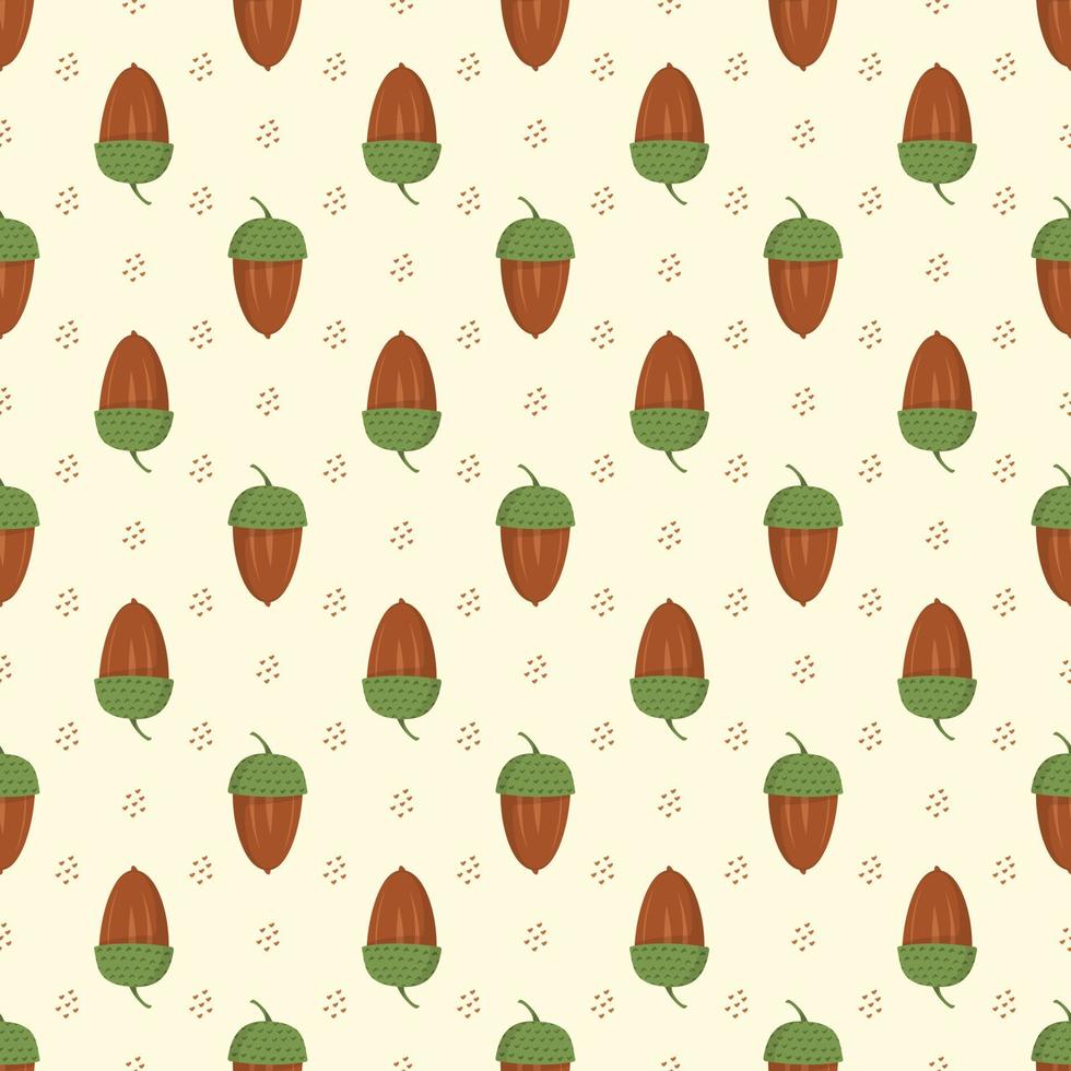 Seamless autumn pattern with acorn on yellow background. Bright fall print for textile and design. Vector flat ilustration