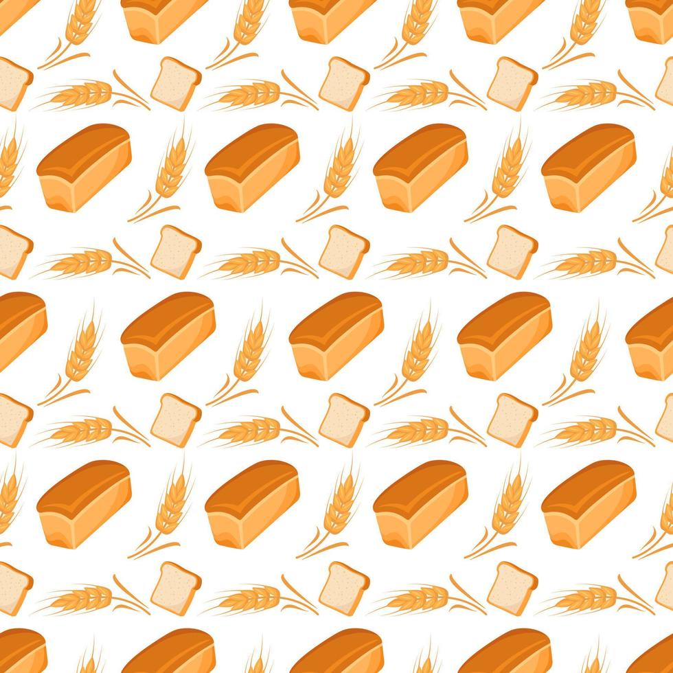 Seamless pattern with bread and ears of wheat on white background. Bright food print for textiles and design. Vector flat illustration