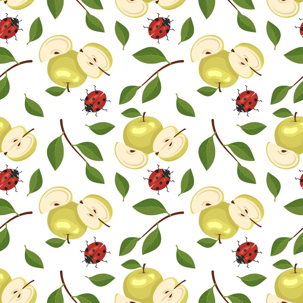 Seamless pattern with yellow apples and red ladybug. Print from whole and half healthy fruits with leaves. Background from sweet food for diet. Vector flat illustration