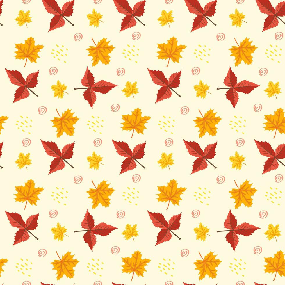 Seamless autumn pattern with orange maple leaves on yellow background. Bright fall print for textile and design. Vector flat ilustration