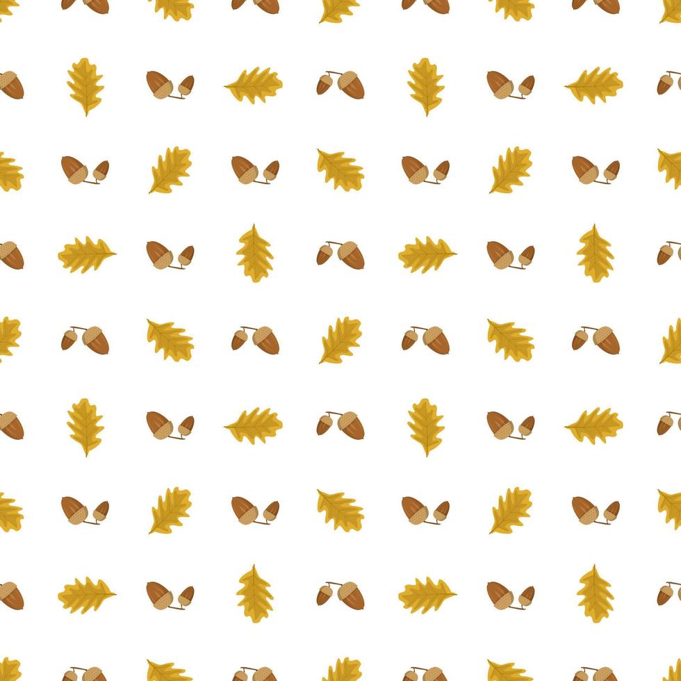 Seamless autumn pattern with acorn and leaves on white background. Bright fall print for textile and design. Vector flat ilustration