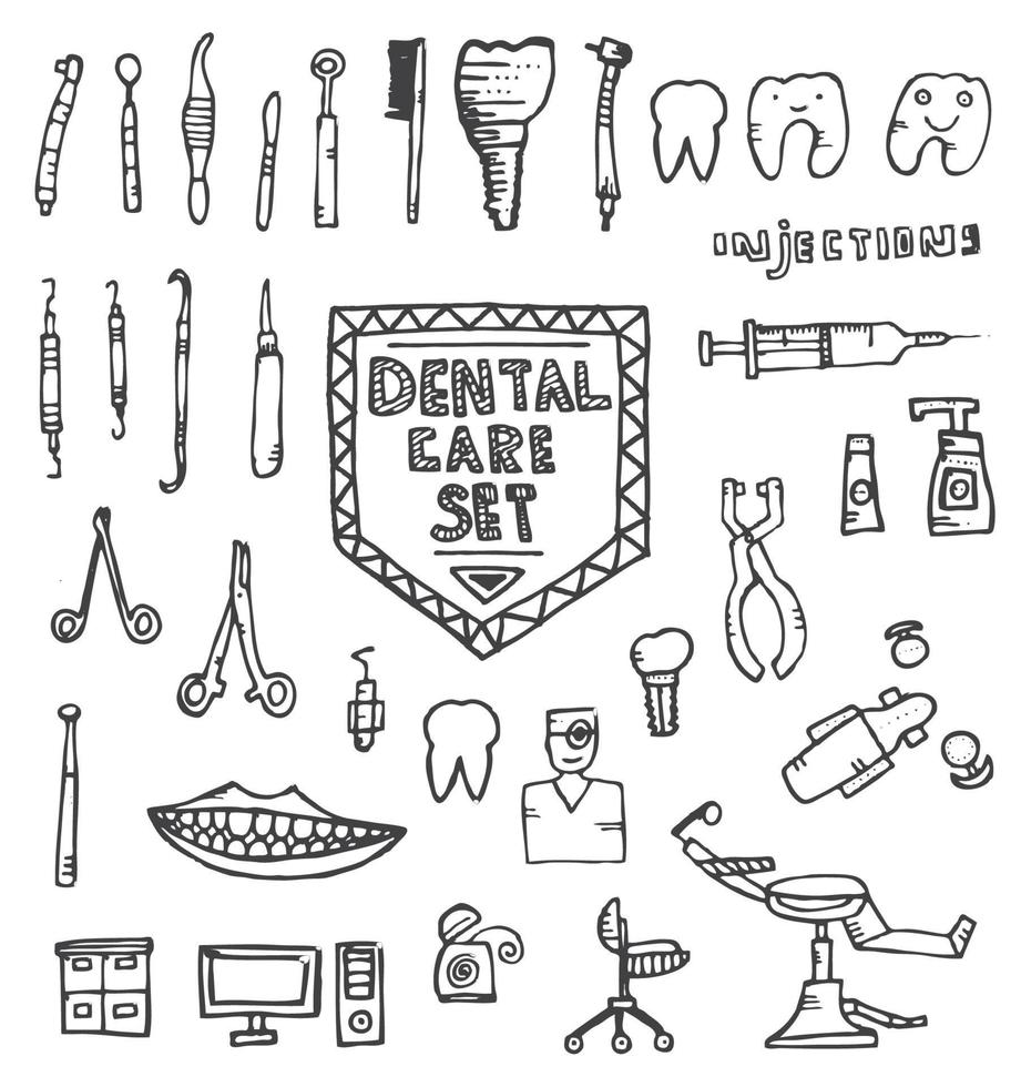 Dental Care Set with Different Hand Drawn Icons. vector