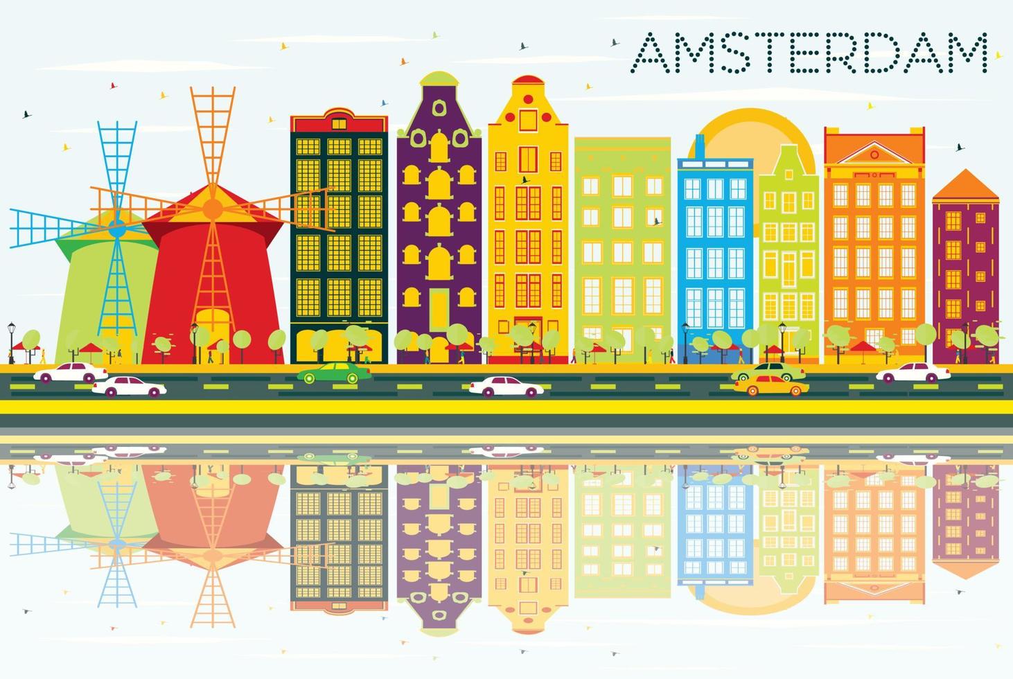 Abstract Amsterdam Skyline with Color Buildings, Blue Sky and Reflections. vector