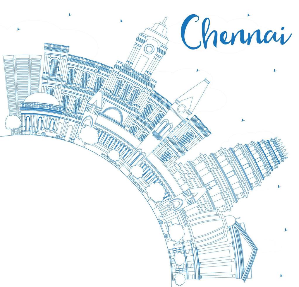 delinee el horizonte de chennai con puntos de referencia azules y copie el espacio. vector