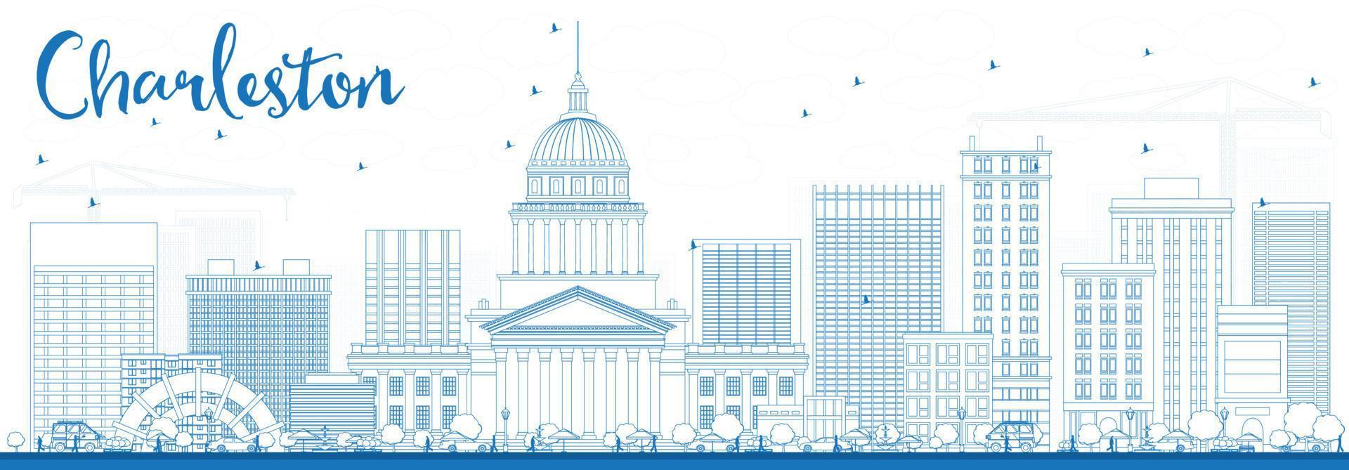 Outline Charleston Skyline with Blue Buildings. vector