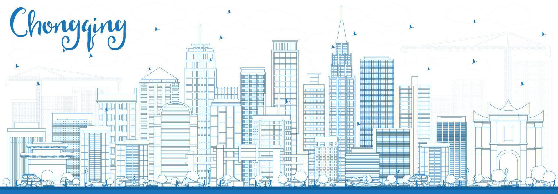 Outline Chongqing Skyline with Blue Buildings. vector