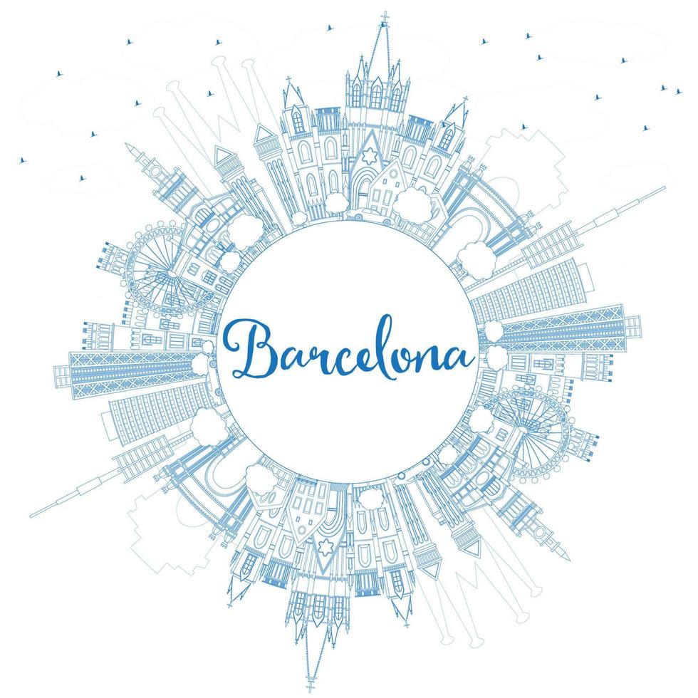 Outline Barcelona Skyline with Blue Buildings and Copy Space. vector