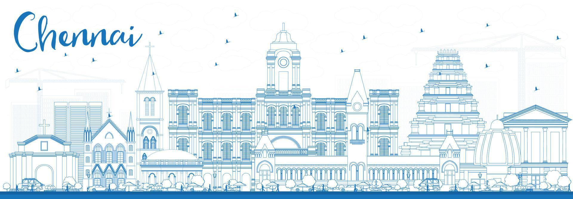 Outline Chennai Skyline with Blue Landmarks. vector