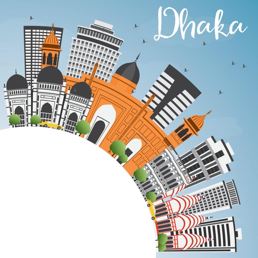 horizonte de dhaka con edificios grises, cielo azul y espacio para copiar. vector