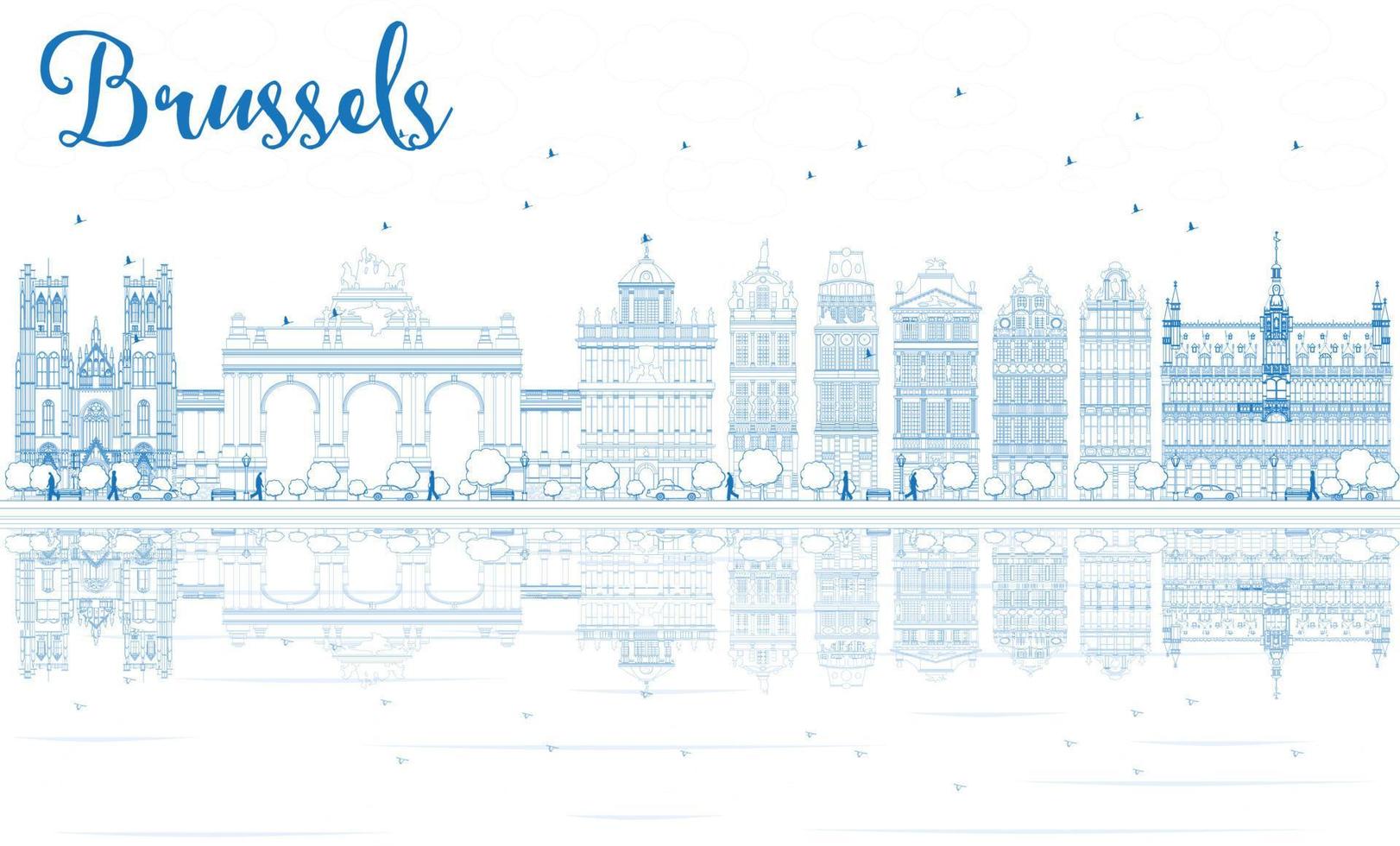 Outline Brussels Skyline with Blue Buildings and Reflections. vector