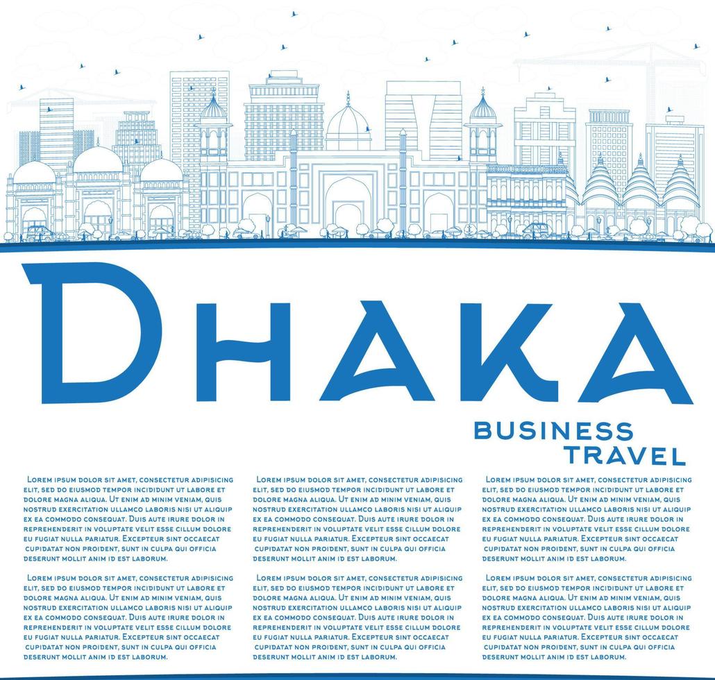 Outline Dhaka Skyline with Blue Buildings and Copy Space. vector