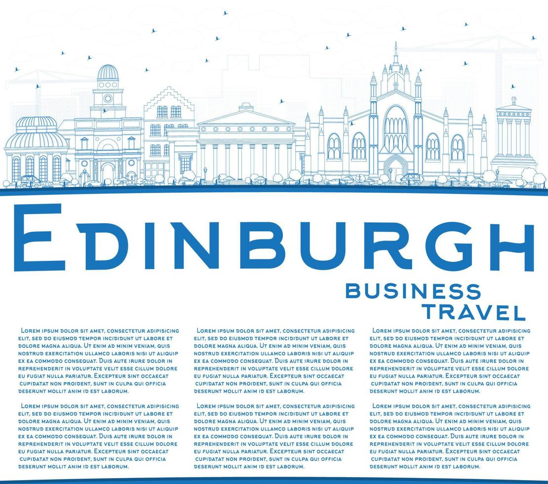 Outline Edinburgh Skyline with Blue Buildings and Copy Space. vector