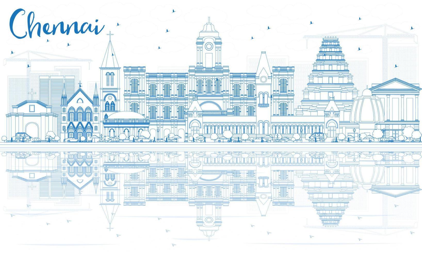 Outline Chennai Skyline with Blue Landmarks and Reflections. vector