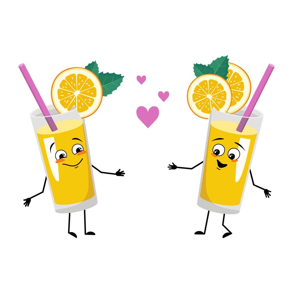 Orange smoothie with fruit and straw character  with love emotions, smile face, arms and legs. Healthy drink in glass with funny expression and pose. Vector flat illustration