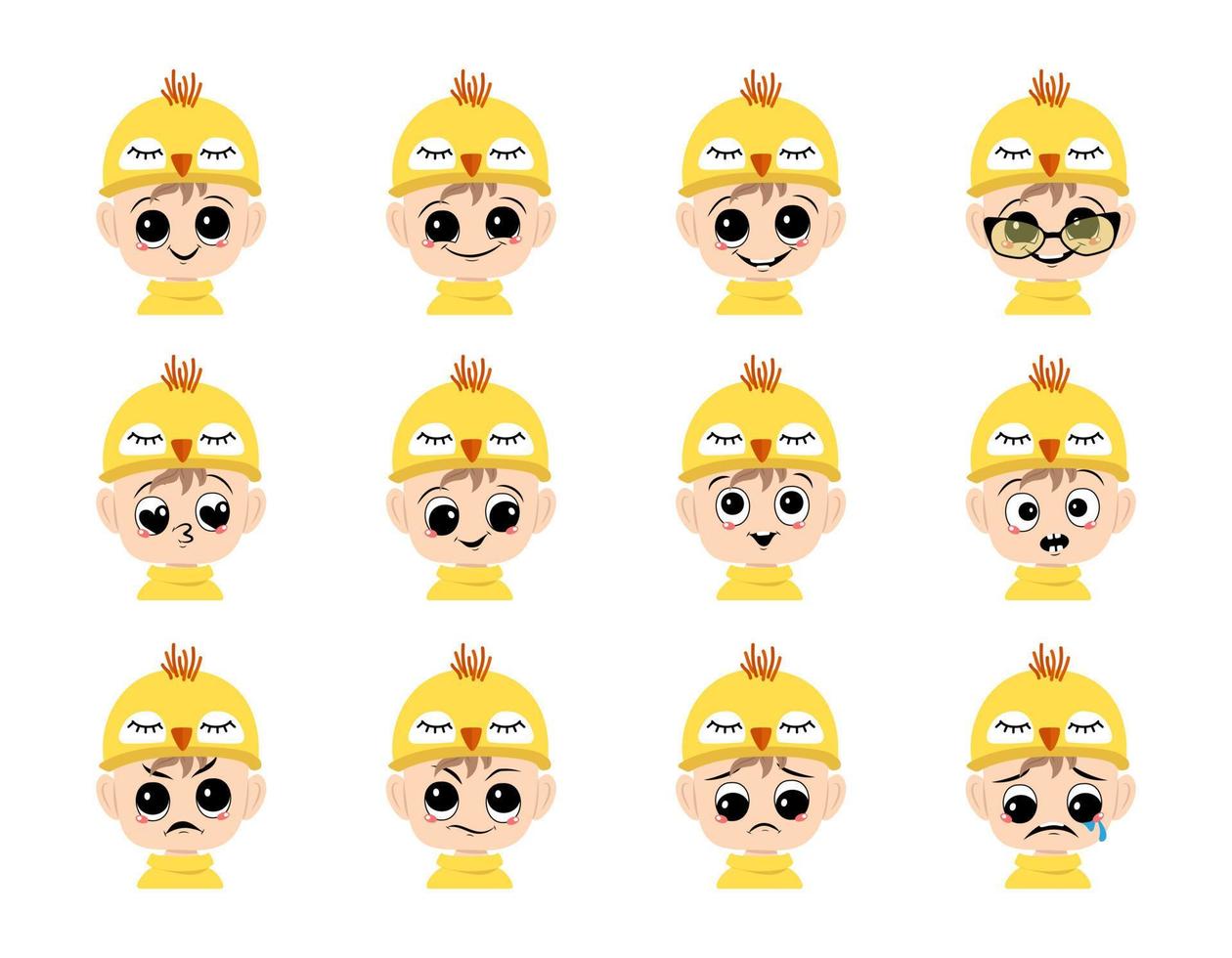 Set of boy avatar with big eyes and wide smile and different emotions in cute yellow chicken hat. Head of child with happy face for holiday Easter, carnival costume for party. Vector flat illustration