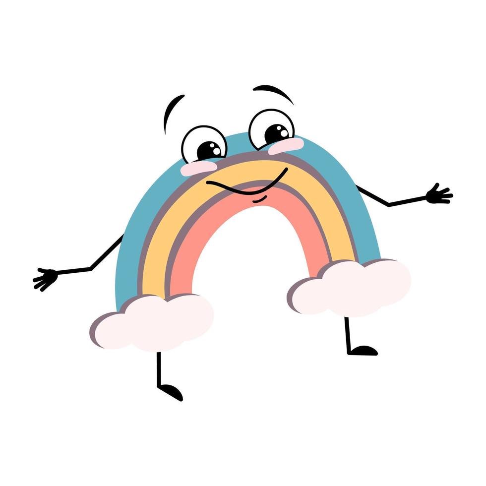 Cute rainbow character with happy emotion, joyful face, smile eyes, arms and legs. Person with funny expression and pose. Vector flat illustration