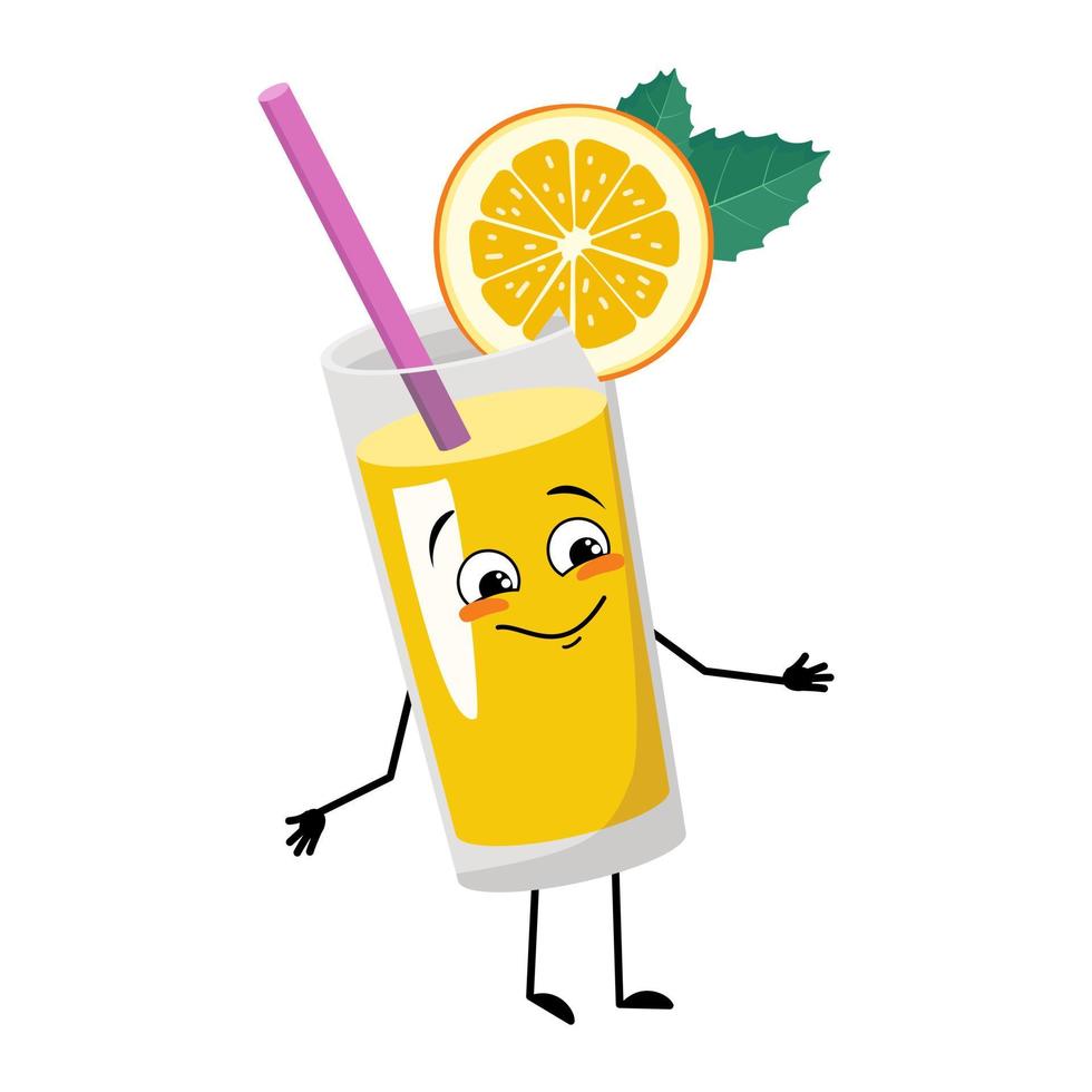 Orange smoothie with fruit and straw character  with joyful emotions, happy face, smile eyes, arms and legs. Healthy vitamin drink in glass funny facial expression and pose. Vector flat illustration