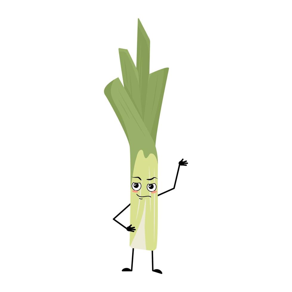 Cute green leek character with emotions of hero, brave face, arms and leg. Healthy vegetable with courage expression and posture, rich in vitamins. Vector flat illustration