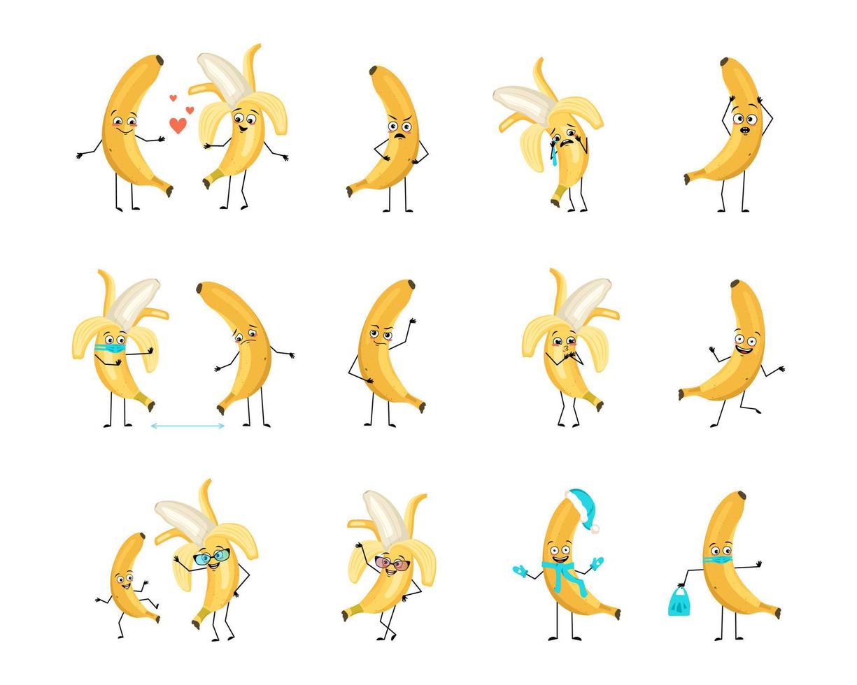 Yellow banana character with happy or sad emotions, panic, loving or brave face, hands and legs. Cheerful fruit, exotic person with mask, glasses or hat. Vector flat illustration