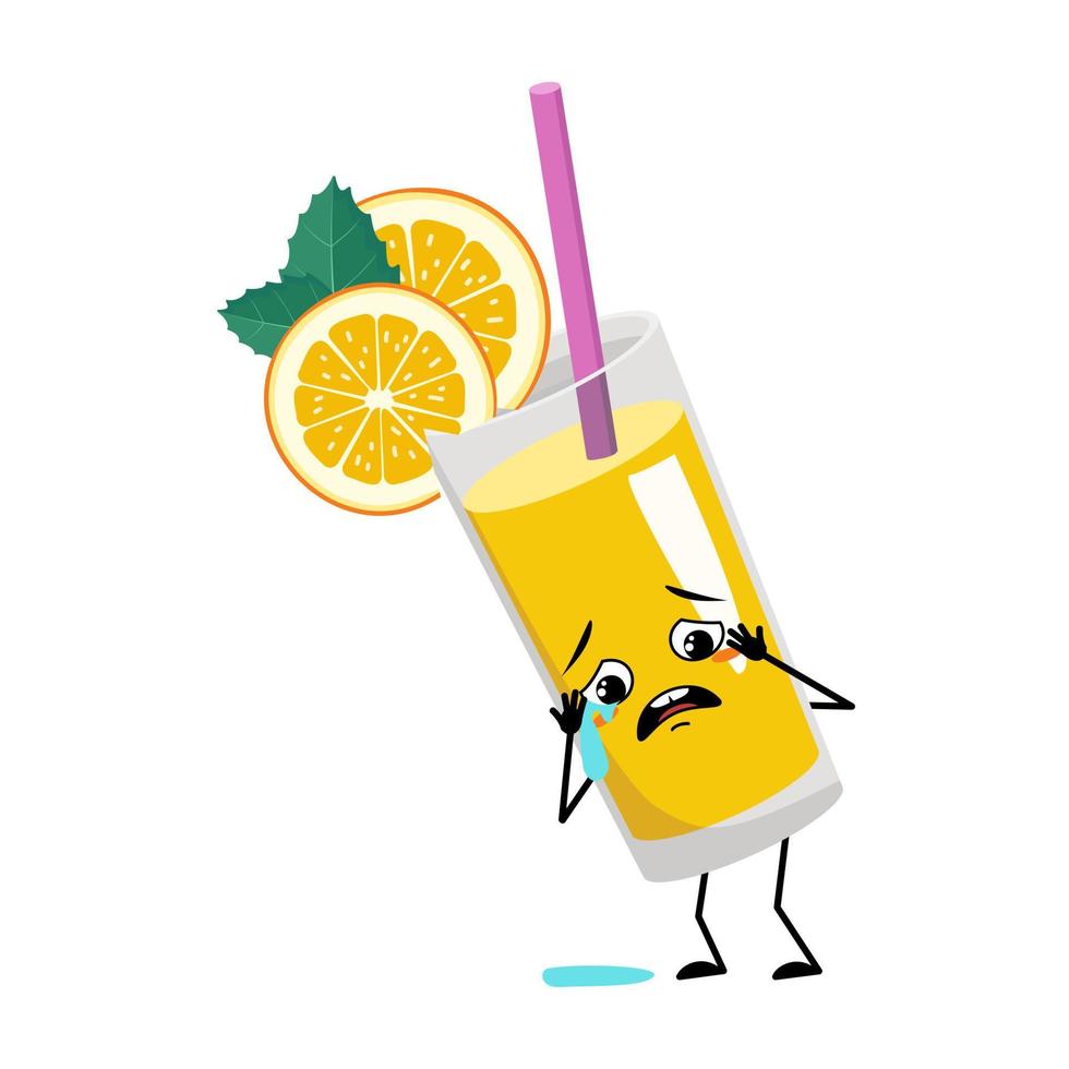 batido de naranja con carácter de fruta y paja con emoción de llanto y lágrimas, cara triste, ojos depresivos, brazos y piernas. bebida saludable en expresión y pose de melancolía de vidrio. ilustración plana vectorial vector