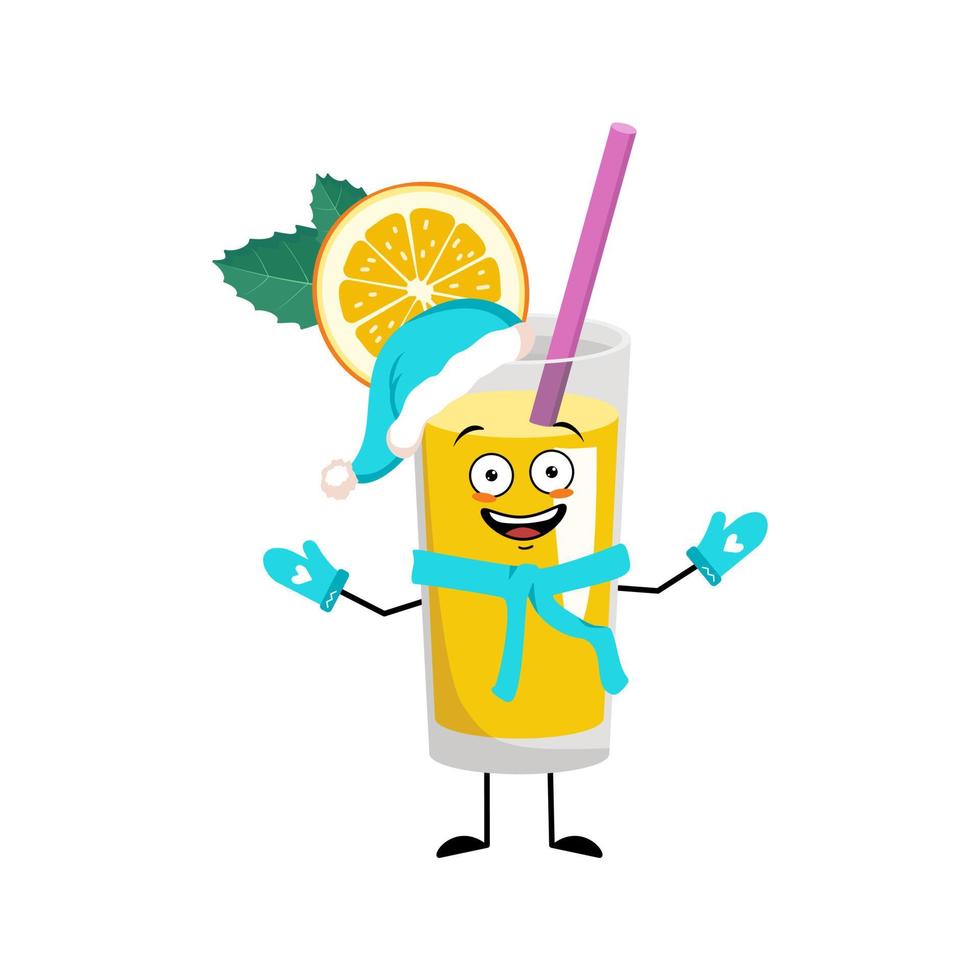Orange smoothie character in Santa hat with happy emotion, face, smile eyes, arms and legs. Healthy vitamin drink in glass funny facial expression and pose. Vector flat illustration