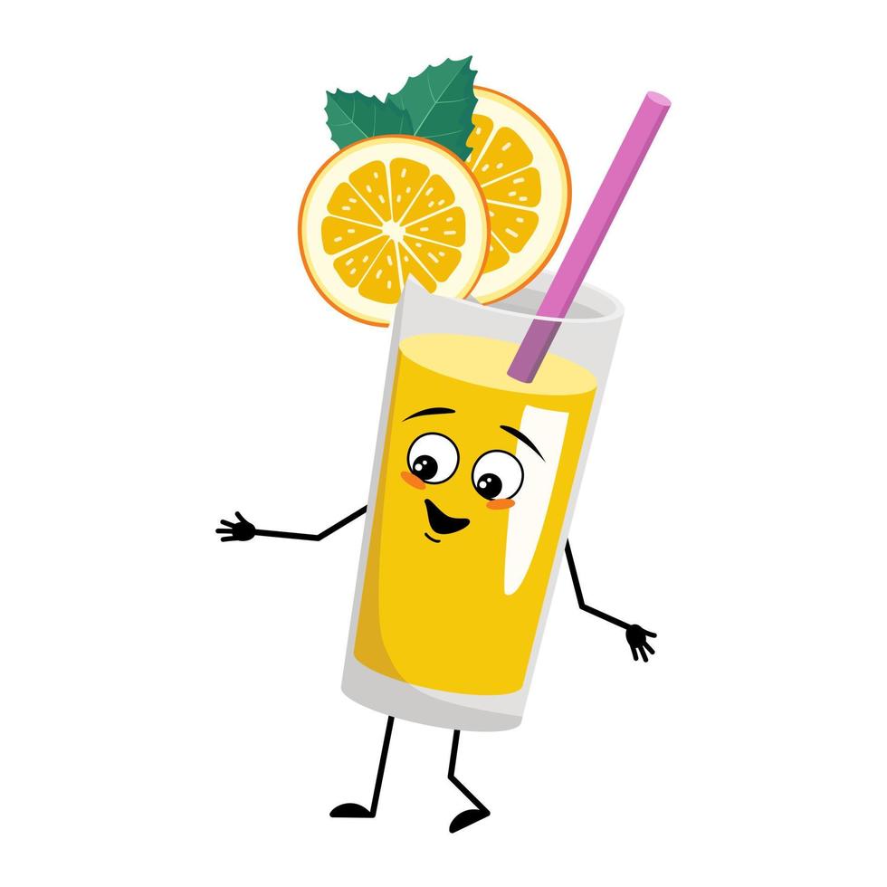 batido de naranja con carácter de fruta y paja con emociones alegres, cara feliz, ojos sonrientes, brazos y piernas. bebida vitamínica saludable en vidrio expresión facial divertida y pose. ilustración plana vectorial vector