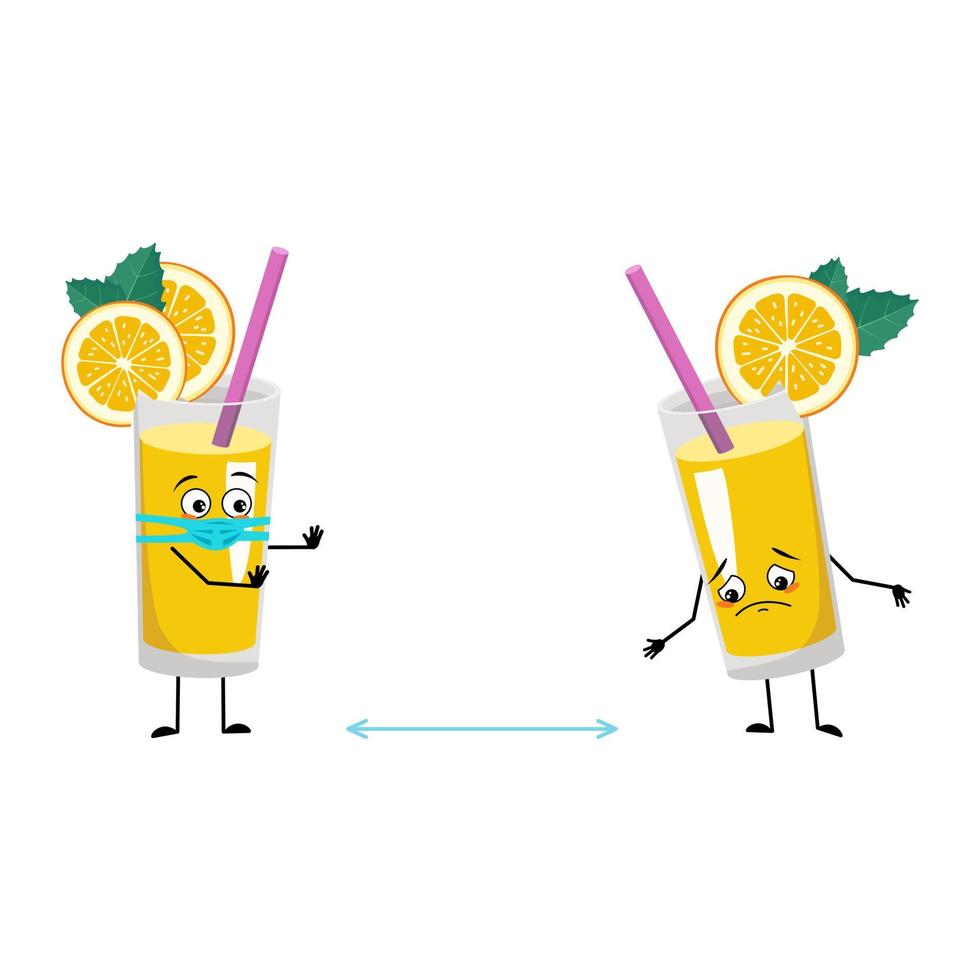 batido de naranja con carácter de fruta y paja en máscara médica mantener distancia, brazos y piernas. bebida saludable en vaso con expresión de cuidado y pose. ilustración plana vectorial vector