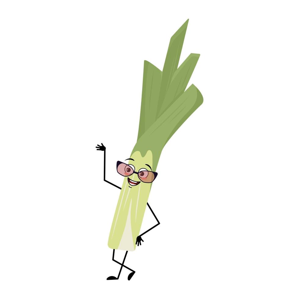 Cute green leek character with glasses and happy emotion, face, smile eyes, arms and legs. Healthy vegetable with expression and posture, rich in vitamins. Vector flat illustration