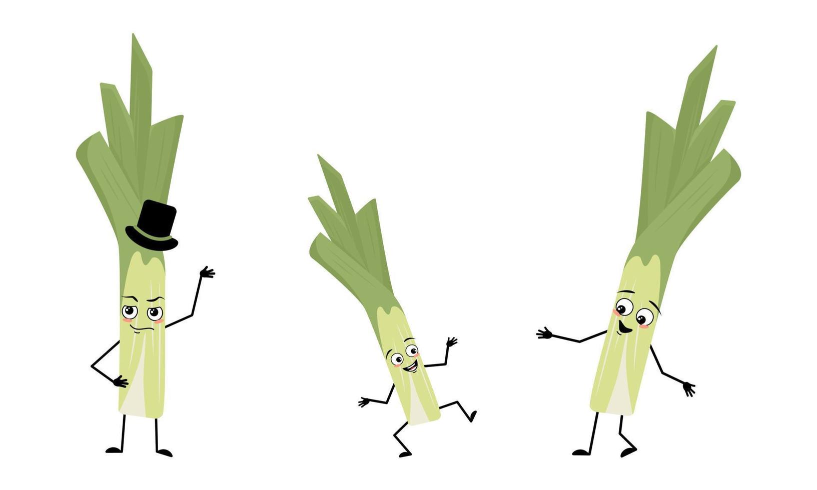 Family of green leek character with happy emotions and poses, smile face, eyes, arms and legs. Mom is happy, dad is wearing hat and child with dancing pose. Vector flat illustration